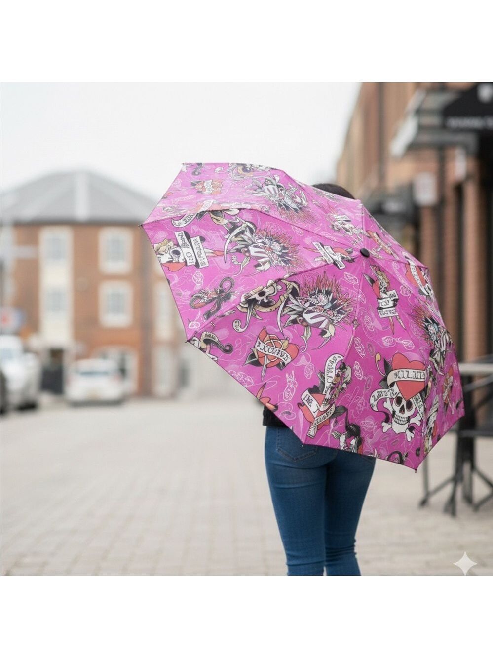 Ed Hardy Pink Skulls “Love Kills” Graphic Umbrella
